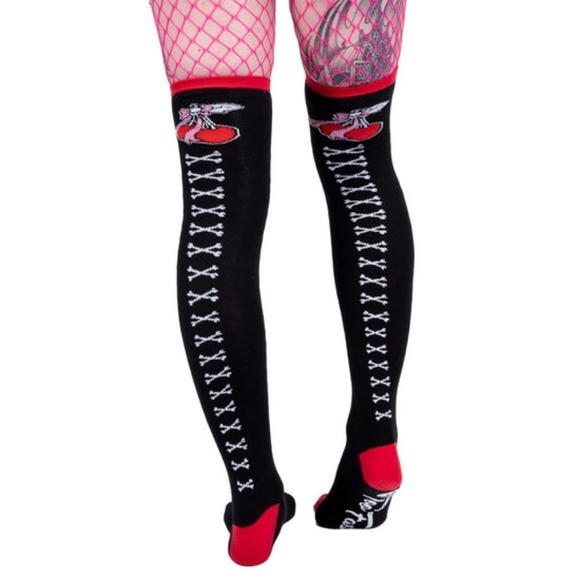 Too Fast Accessories - Too Fast Cherry Bow Tattoo Thigh High Socks NWT